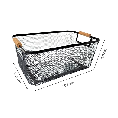 Rectangular Metal Mesh Storage Basket with Wooden Handles-GRAY-2