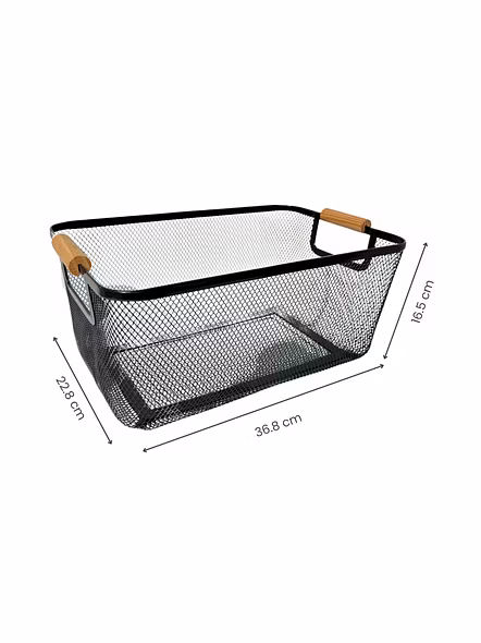Rectangular Metal Mesh Storage Basket with Wooden Handles-GRAY-2