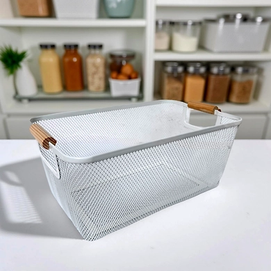 Rectangular Metal Mesh Storage Basket with Wooden Handles-111362