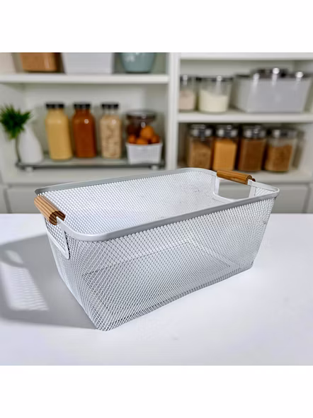 Rectangular Metal Mesh Storage Basket with Wooden Handles-111362