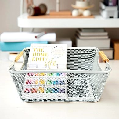 Rectangular Metal Mesh Storage Basket with Wooden Handles-WHITE-1