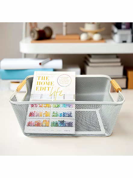 Rectangular Metal Mesh Storage Basket with Wooden Handles-WHITE-1