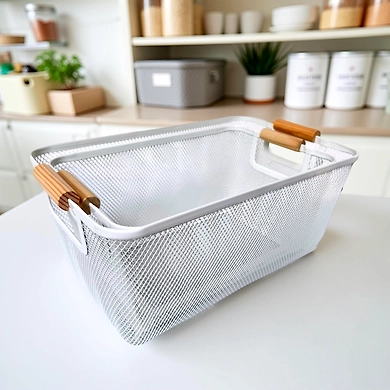 Rectangular Metal Mesh Storage Basket with Wooden Handles-WHITE-3