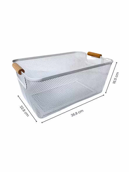 Rectangular Metal Mesh Storage Basket with Wooden Handles-WHITE-2