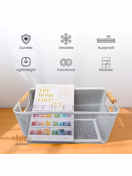 Rectangular Metal Mesh Storage Basket with Wooden Handles-WHITE-4