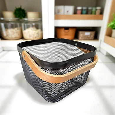 Square Metal Mesh Basket with Dual Wooden Handles-111363