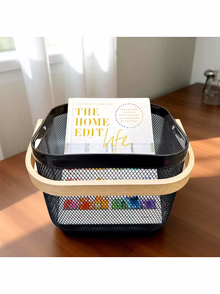 Square Metal Mesh Basket with Dual Wooden Handles-GRAY-3