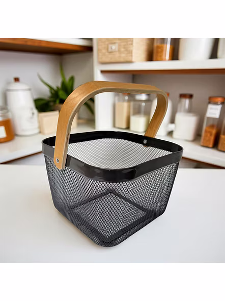 Square Metal Mesh Basket with Dual Wooden Handles-GRAY