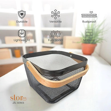 Square Metal Mesh Basket with Dual Wooden Handles-GRAY-4