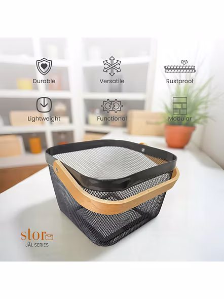 Square Metal Mesh Basket with Dual Wooden Handles-GRAY-4