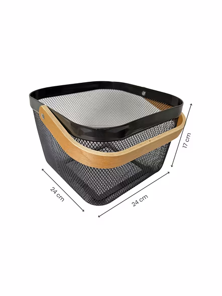 Square Metal Mesh Basket with Dual Wooden Handles-GRAY-2