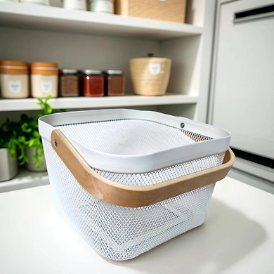 Square Metal Mesh Basket with Dual Wooden Handles-111364
