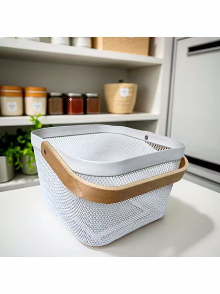 Square Metal Mesh Basket with Dual Wooden Handles-111364