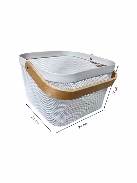 Square Metal Mesh Basket with Dual Wooden Handles-WHITE-2