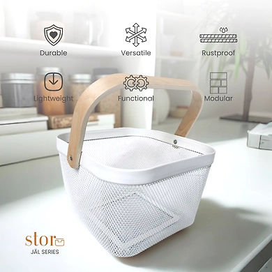 Square Metal Mesh Basket with Dual Wooden Handles-WHITE-3