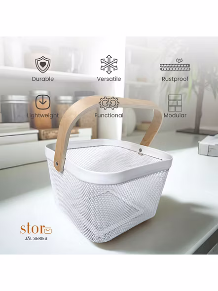 Square Metal Mesh Basket with Dual Wooden Handles-WHITE-3