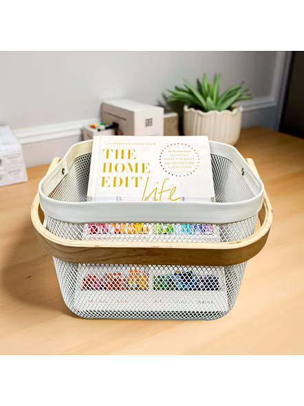 Square Metal Mesh Basket with Dual Wooden Handles-WHITE-1
