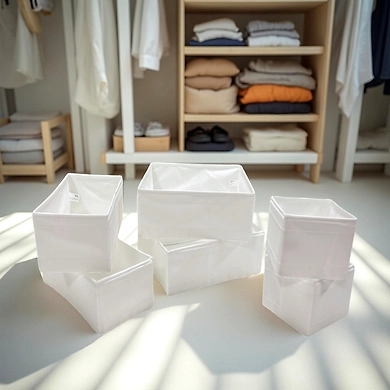 Set of 6 White Fabric Storage Bins - Foldable Organizer Baskets-111367