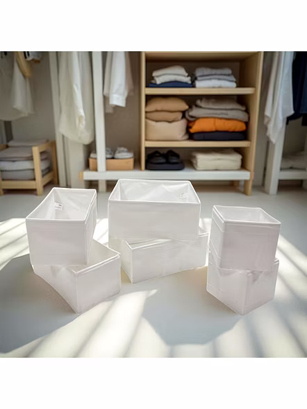 Set of 6 White Fabric Storage Bins - Foldable Organizer Baskets