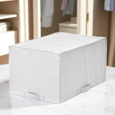 Foldable Grid Fabric Storage Box with Handle – White Checkered-111377