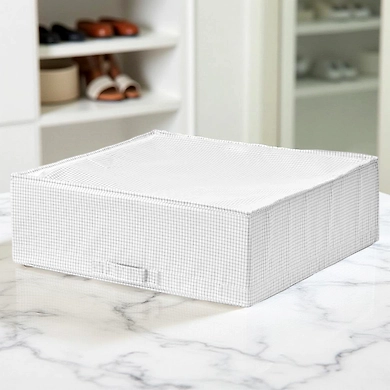 Low-Profile Grid Fabric Storage Box with Handle – White Checkered-111378