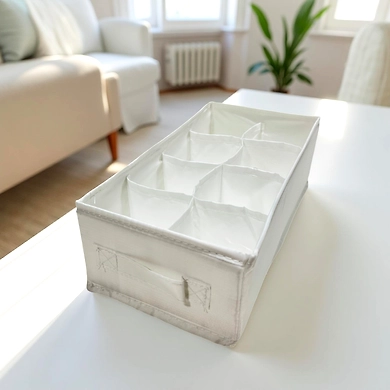 Compact Drawer Organizer with 8 Compartments – White Fabric Storage Box-111381