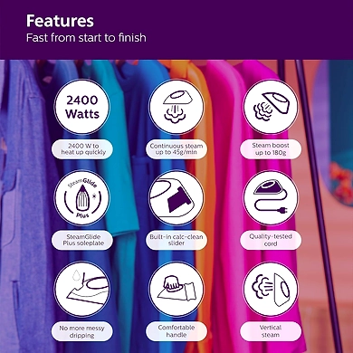 Philips 5000 Series Steam Iron – 2400W with Steam Boost &amp; Precision Tip (Purple)-2