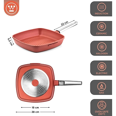 Westinghouse Non-Stick Square Grill Pan – 28cm Terracotta with Stainless Steel Handle-1