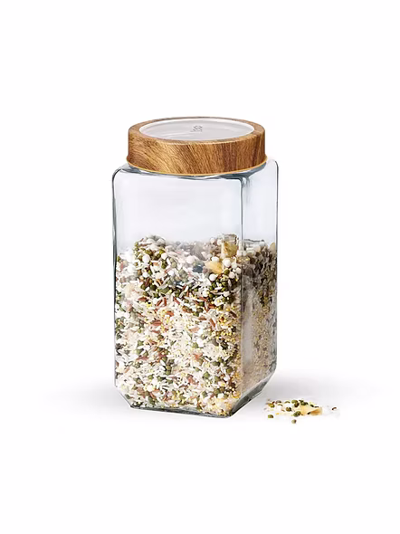 Treo Square Glass Storage Jar with Wooden Finish Lid