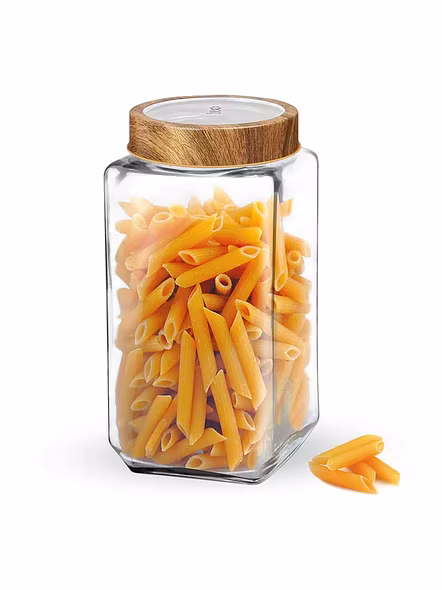 Treo Square Glass Storage Jar with Wooden Finish Lid