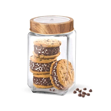 Treo Square Glass Storage Jar with Wooden Finish Lid-1