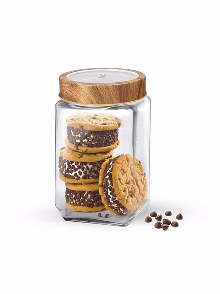 Treo Square Glass Storage Jar with Wooden Finish Lid