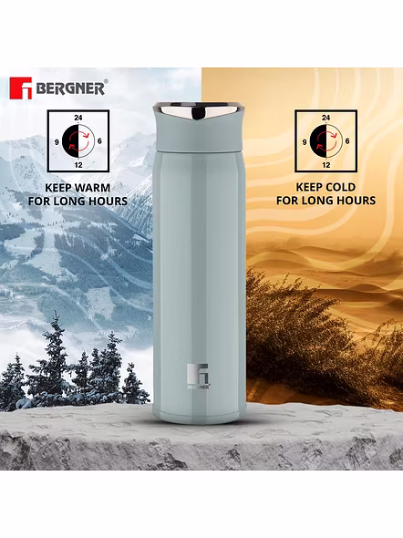 Bergner Walking 450ml Thermo Steel Flask Bottle | Wide Mouth | Vacuum Insulated | Leak-Proof-Sea Foam Green