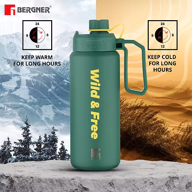 Bergner Walking 1000ml Thermo Steel Flask – Wild &amp; Free Edition | Green Olive | Vacuum Insulated with Handle &amp; Flip Lid-1