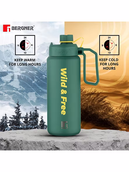 Bergner Walking 1000ml Thermo Steel Flask – Wild &amp; Free Edition | Green Olive | Vacuum Insulated with Handle &amp; Flip Lid