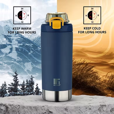 Bergner Walking 720ml Thermo Steel Bottle – Navy | Vacuum Insulated | Press-Button Lid | Leak-Proof Flask-1