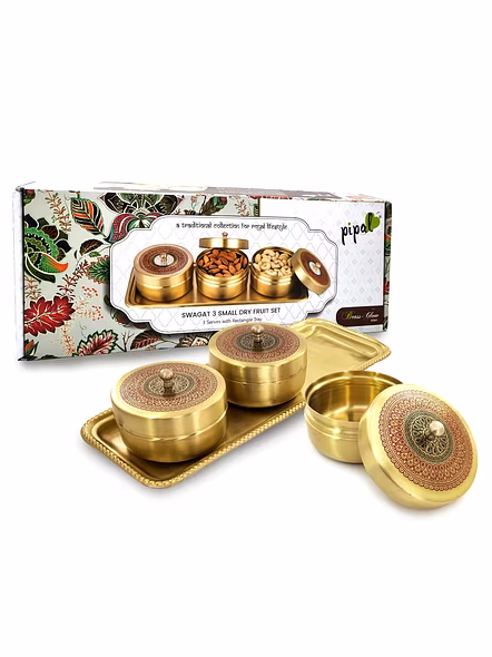 Pipal Swagat Brass 3 Small Dry Fruit Container Set with Tray – Traditional Decorative Gift Box-117292