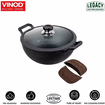 Vinod Legacy Pre-Seasoned Cast Iron KADHAI, 26 cm, Induction Friendly, 4.3 L