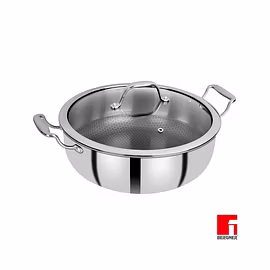 Bergner Hitech Prism Non-Stick Stainless Steel Wok With Glass Lid, 28 Cm, 5.7 Ltr