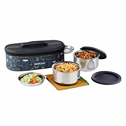Borosil - Carry Fresh Stainless Steel Insulated Lunch Box, Set of 2 ( 180 ML X 2 ) HORIZONTAL