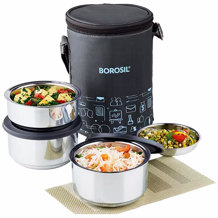 Borosil - Carry Fresh Stainless Steel Insulated Lunch Box, Set of 3 ( 280 ML X 2 + 180 ML) Vertical