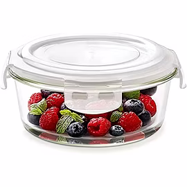 Borosil Klip-N-Store Glass Storage Containers With Air Tight Lid, Microwave And Oven Safe, Round, 620 ml, Clear, For Kitchen