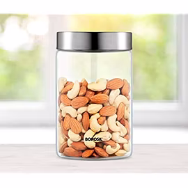 BOROSIL Endura Glass Storage Jar with Stainless Steel Lid, 900 ML Glass Utility Container