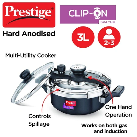 Prestige Clip On Mini Svachh Hard Anodised Pressure Cooker 3 L with Glass Lid-WE1488