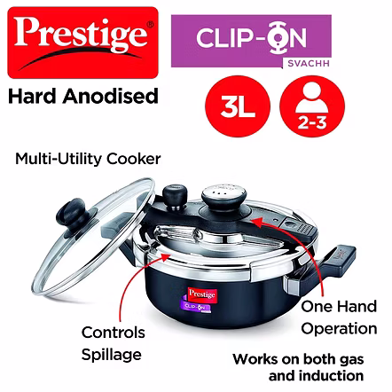 Prestige Clip On Mini Svachh Hard Anodised Pressure Cooker 3 L with Glass Lid
