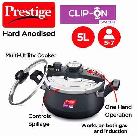 Prestige Clip On Mini Svachh Hard Anodised Pressure Cooker 5 L with Glass Lid
