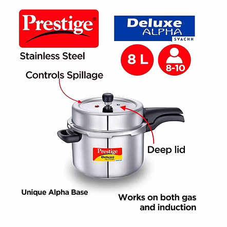 Prestige Deluxe Alpha Stainless Steel Pressure Handi with Glass Lid, 8 Litres