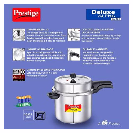 Prestige Deluxe Alpha Stainless Steel Pressure Handi with Glass Lid, 10 Litres