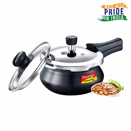 Prestige Deluxe Duo Plus Hard Anodised Handi Pressure Cooker With Stainless Steel Lid 1.5 Liters and Glass Lid
