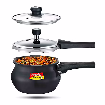 Prestige Deluxe Duo Plus Hard Anodised Handi Pressure Cooker With Stainless Steel Lid 2 Liters and Glass Lid